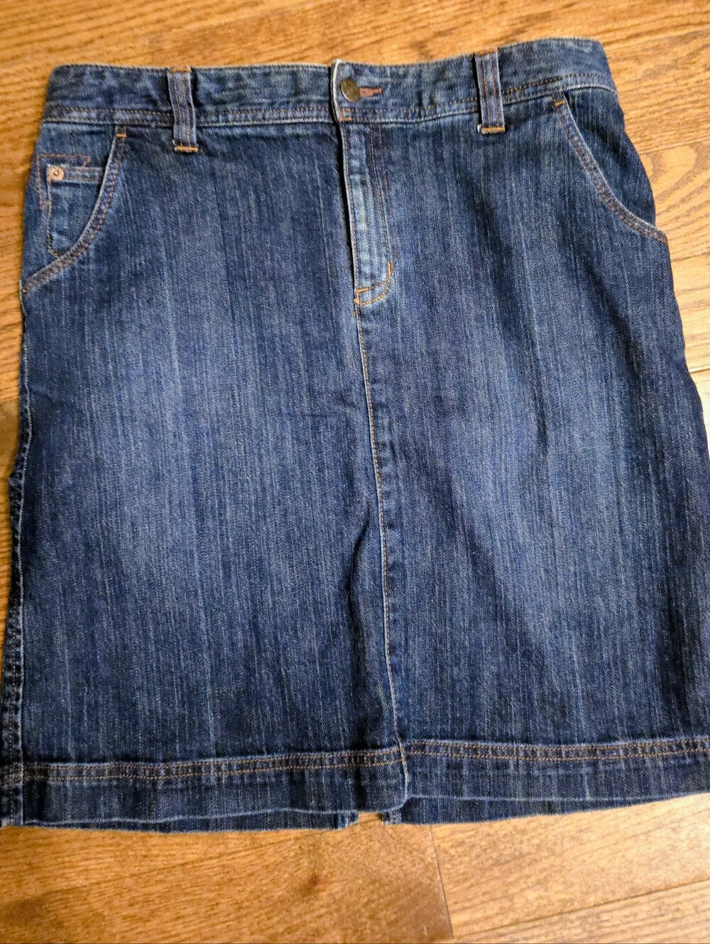 Eddie Bauer denim skirt featuring a classic five-pocket design